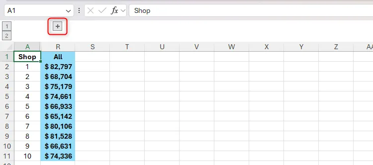 Biểu tượng dấu cộng trong Excel khi các cột đã nhóm bị ẩn, nhấn vào để mở rộng nhóm cột.