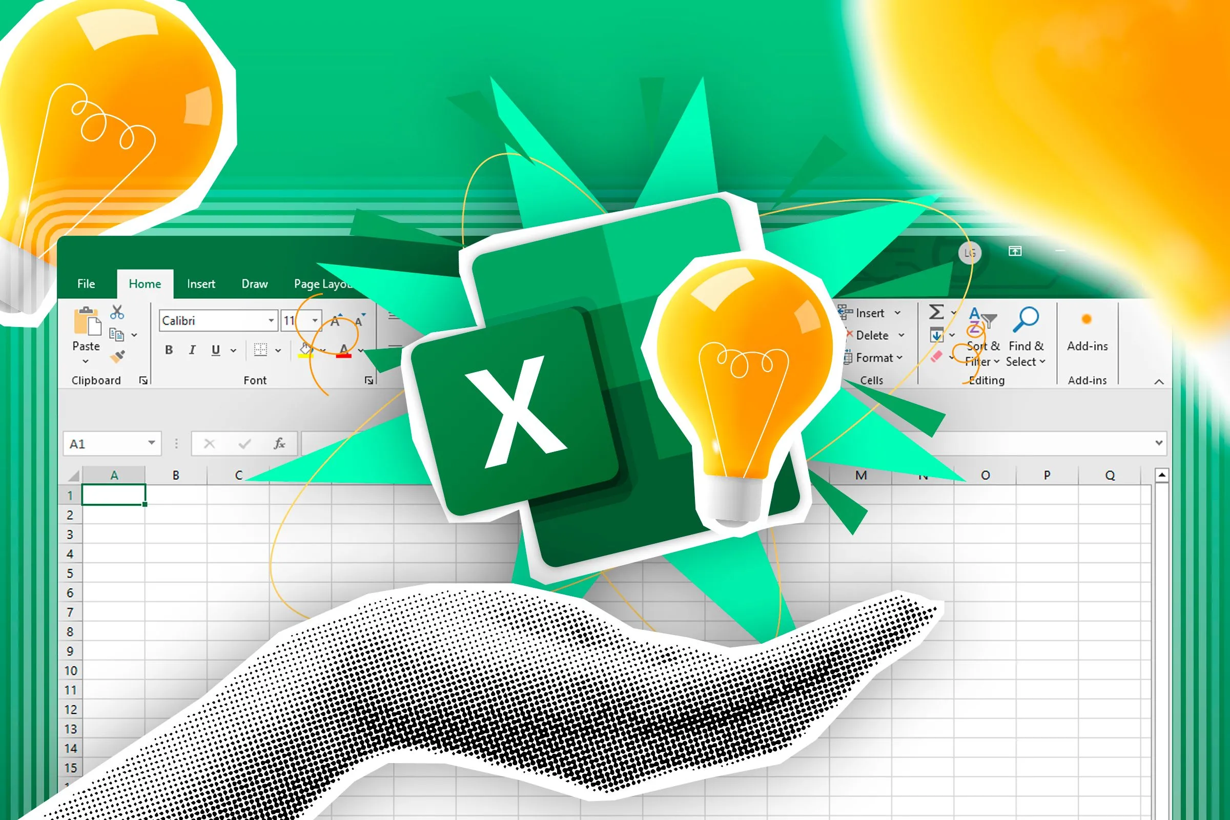 Biểu tượng Excel và bóng đèn tượng trưng cho ý tưởng, trên nền bảng tính Excel