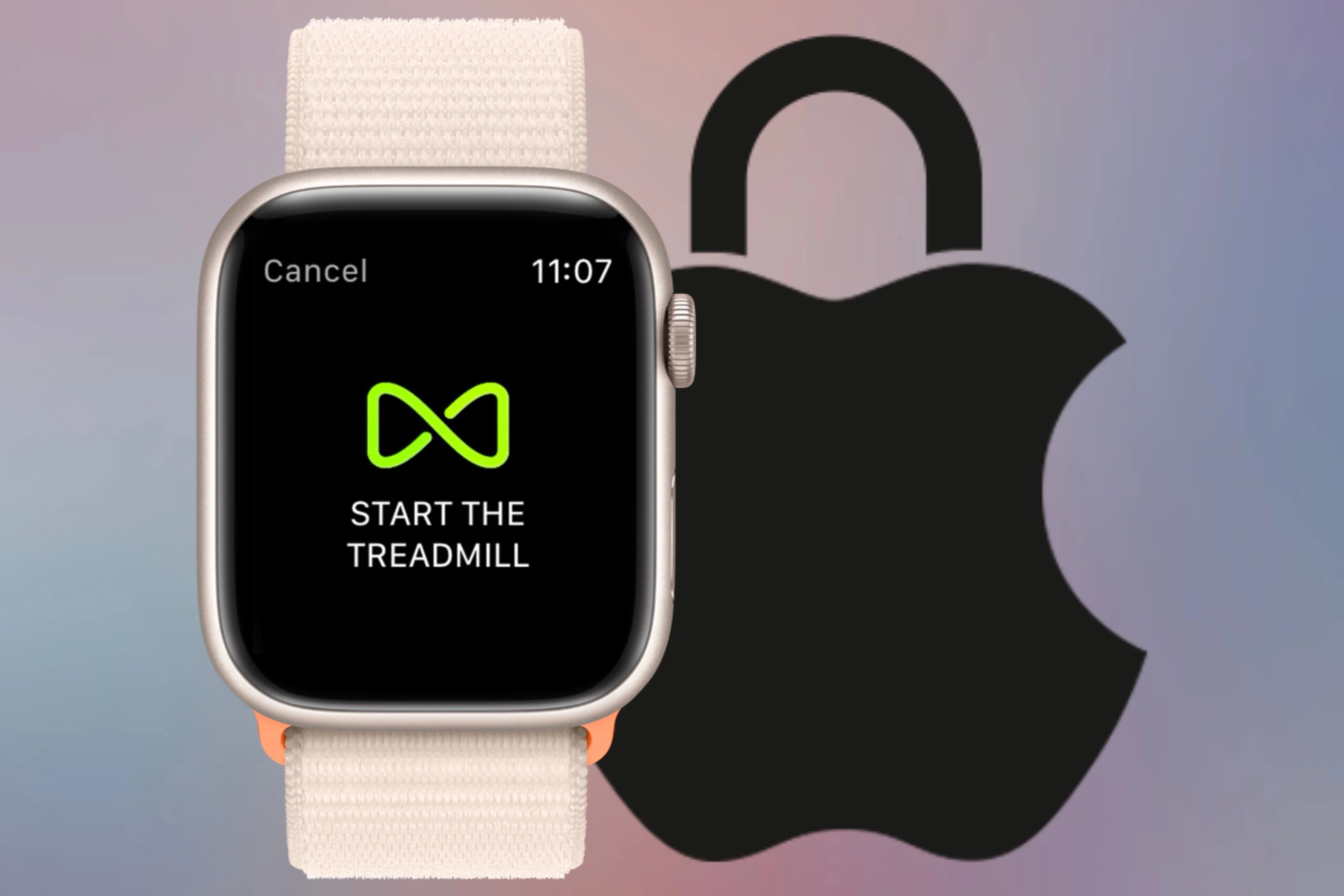 Biểu tượng GymKit trên Apple Watch sẵn sàng bắt đầu bài tập trên máy chạy bộ