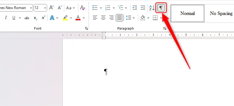 Biểu tượng ký tự không in (¶) trên tab Home của Microsoft Word, giúp hiển thị định dạng ẩn.