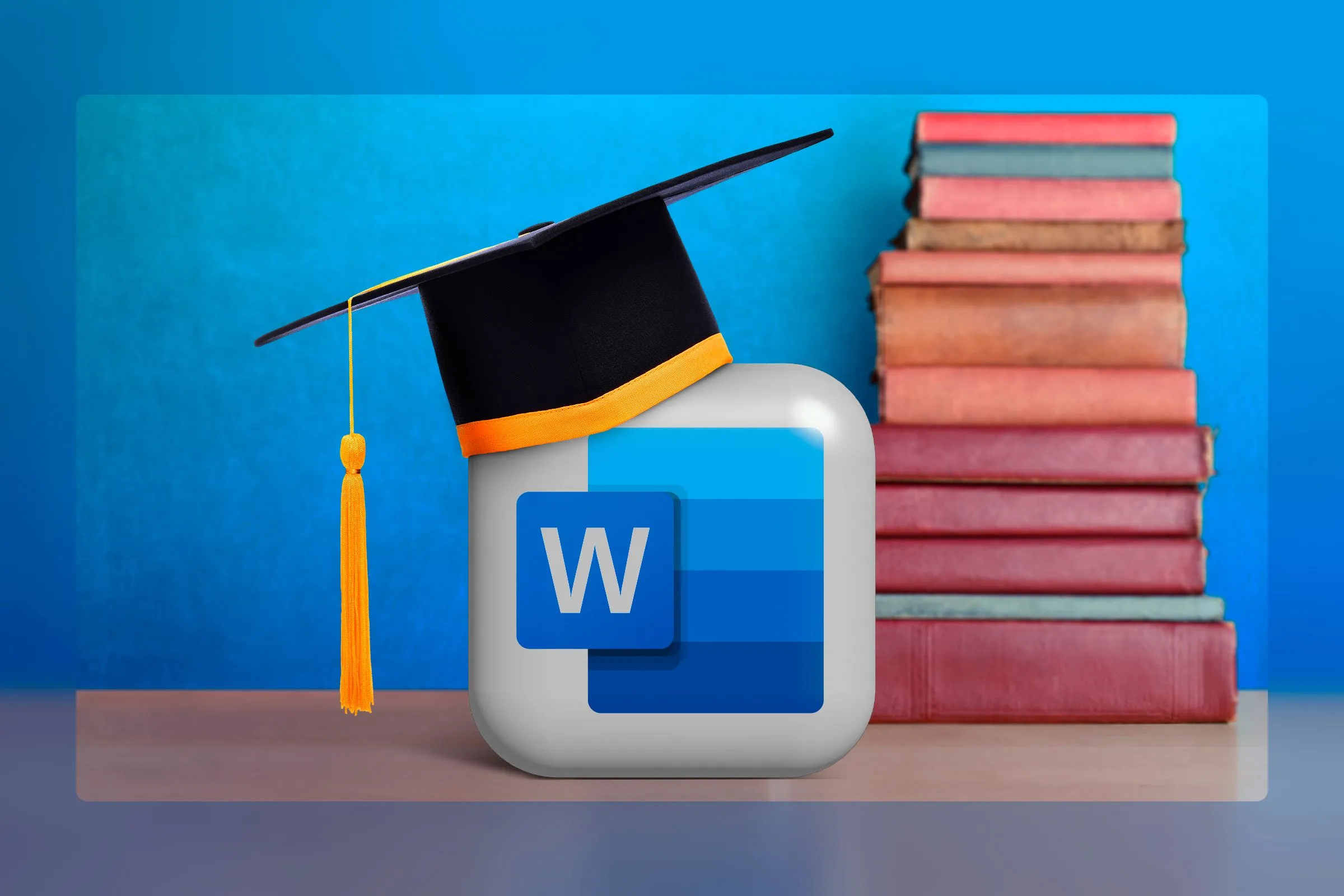 Biểu tượng Microsoft Word trên bàn làm việc với mũ tốt nghiệp và sách, minh họa cho tài liệu học thuật.
