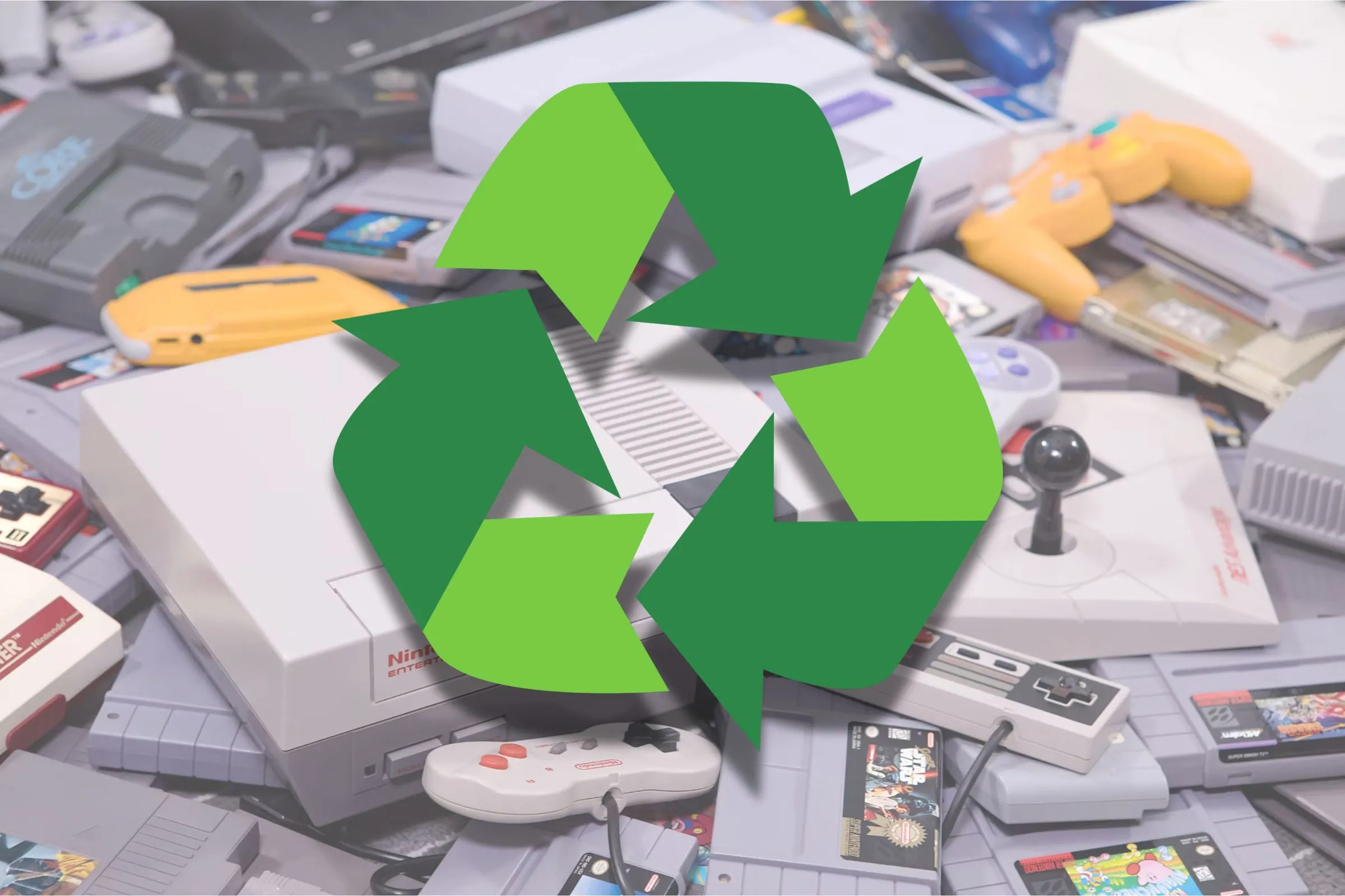 Biểu tượng tái chế điện tử phía trước bộ sưu tập máy chơi game Nintendo cũ cần được xử lý