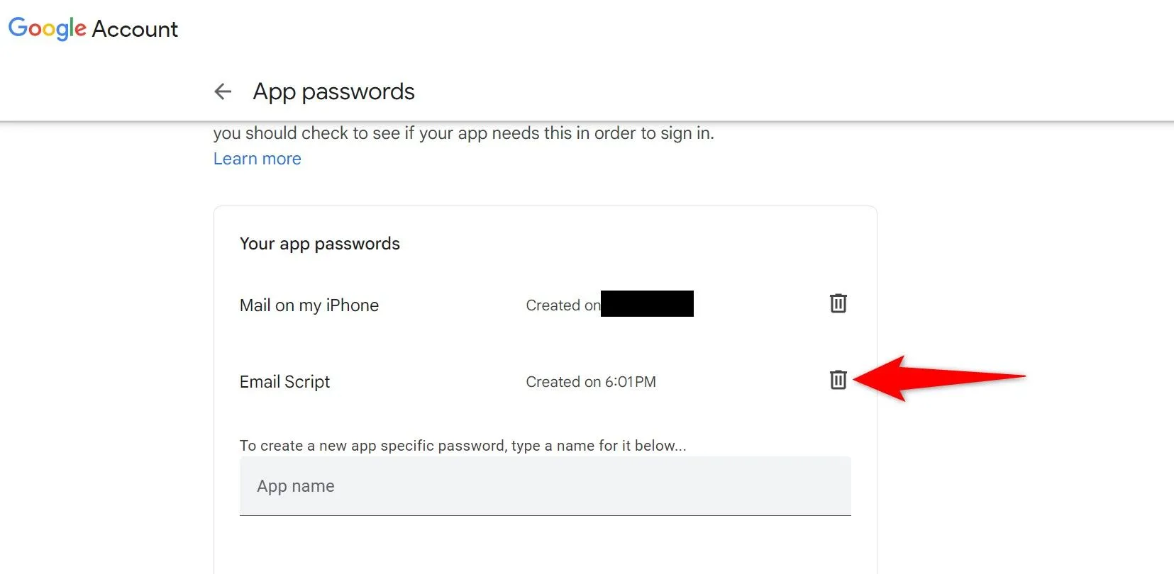 Biểu tượng thùng rác để xóa mật khẩu ứng dụng Google