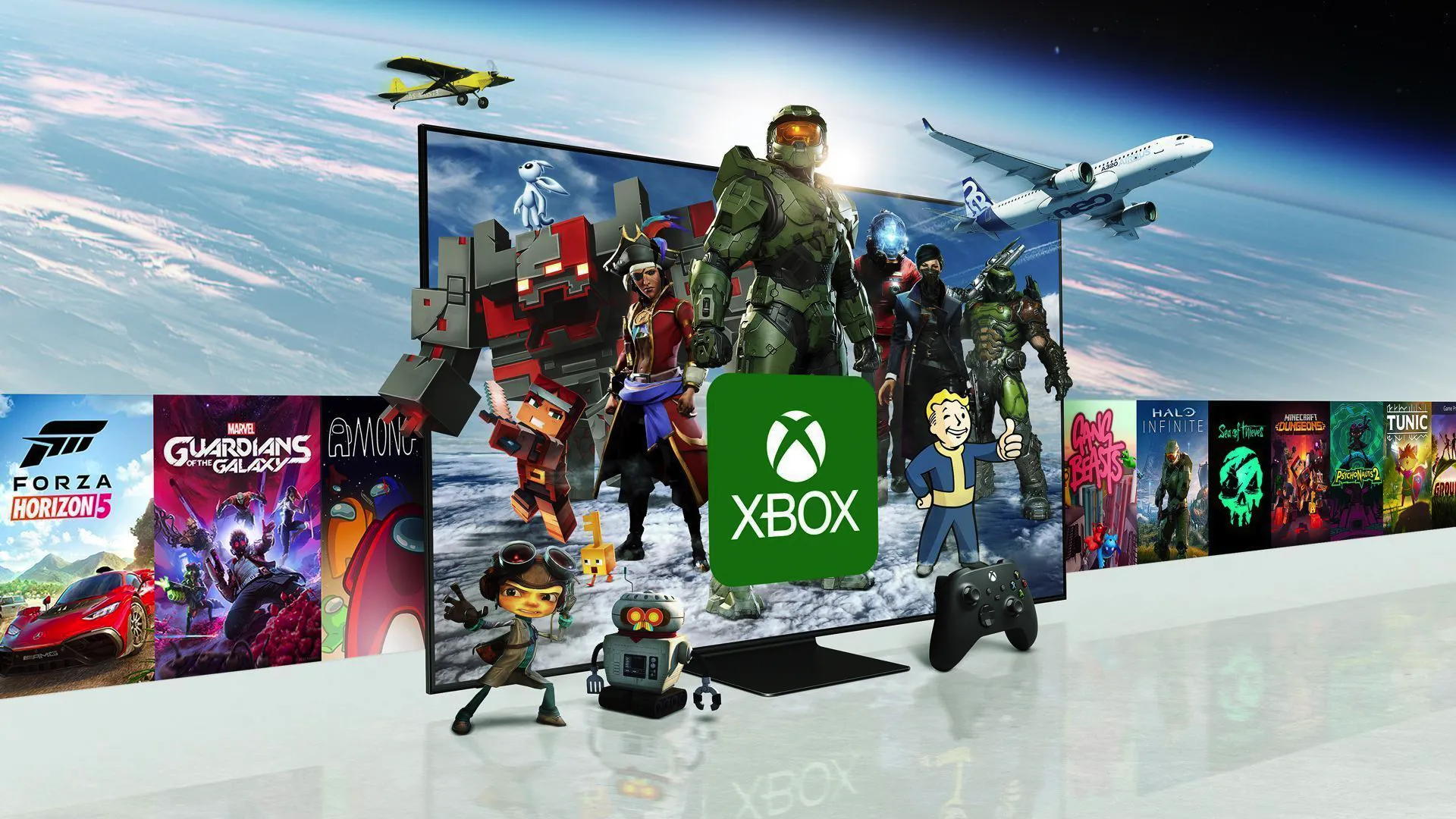 Biểu tượng Xbox và Master Chief trên Smart TV, minh họa Xbox Cloud Gaming