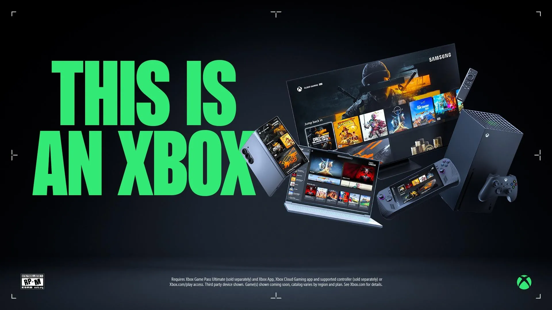 Biểu tượng Xbox và thông điệp 'Everything is an Xbox', thể hiện chiến lược mới của Microsoft