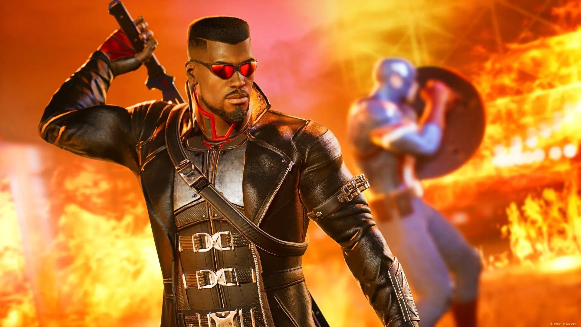 Blade rút kiếm bên cạnh Captain America trong khi cả hai bị bao vây bởi lửa trong Marvels Midnight Suns
