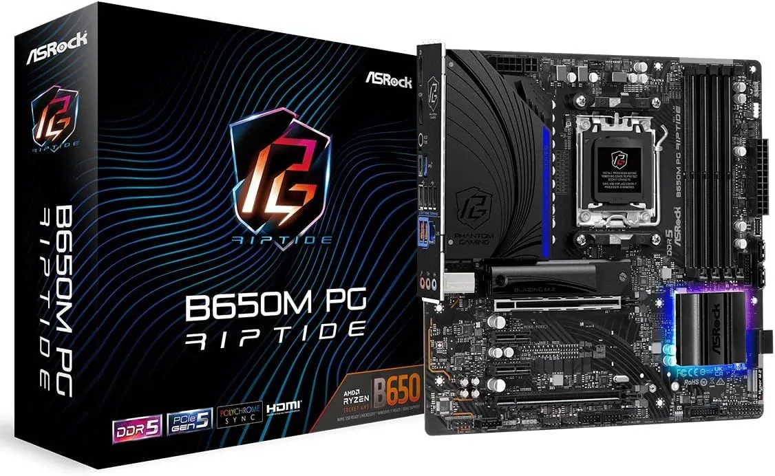 Bo mạch chủ ASRock B650M PG Riptide AMD AM5 với các khe cắm RAM và PCIe