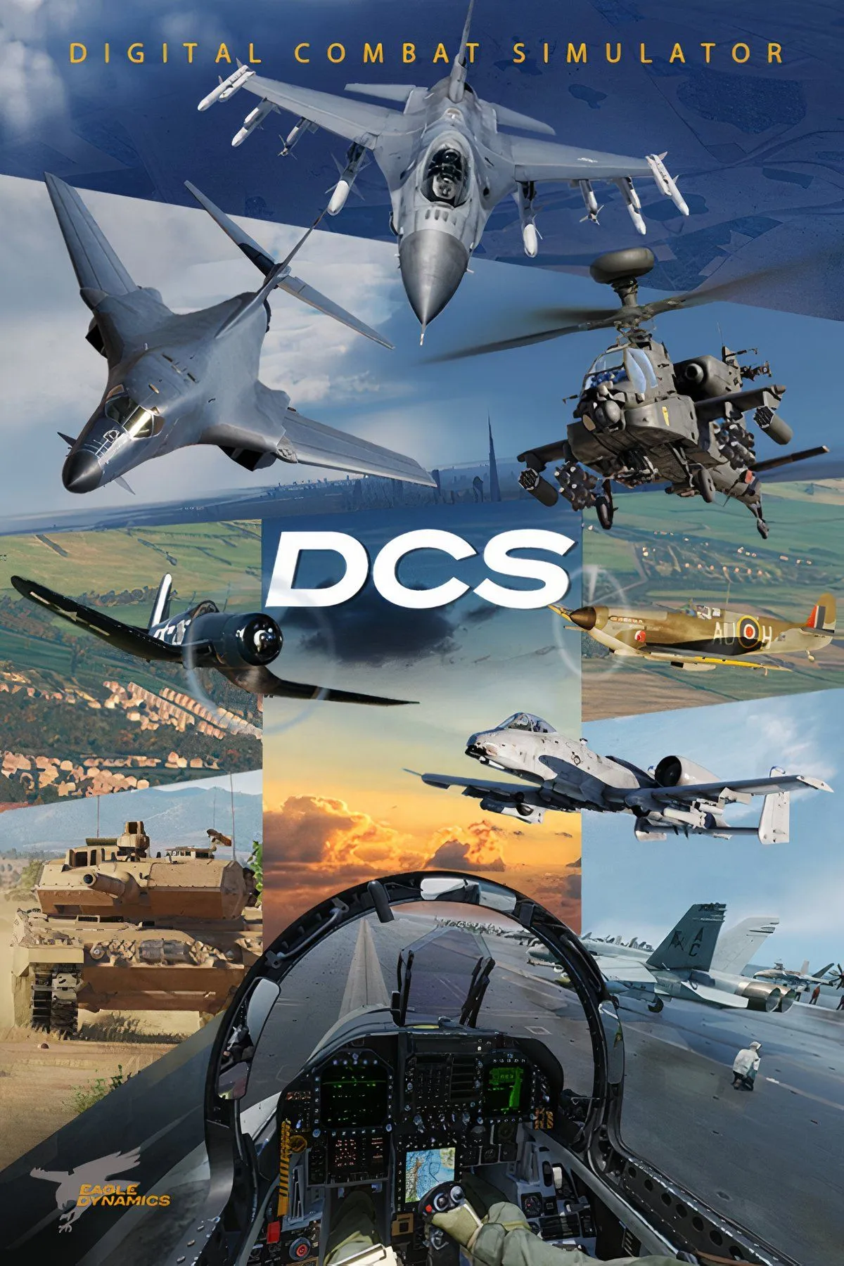 Buồng lái chi tiết của một máy bay chiến đấu trong game DCS World, với nhiều nút bấm và màn hình hiển thị