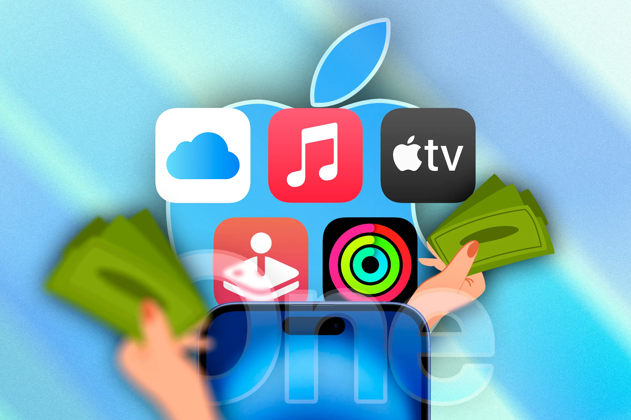 Các biểu tượng ứng dụng Apple One và hình minh họa một bàn tay đang cầm tiền mặt