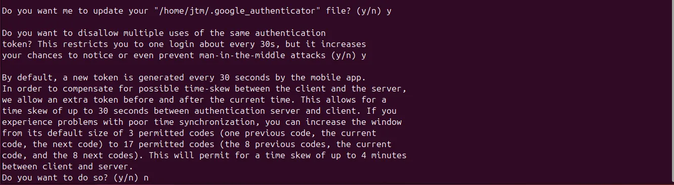 Các câu hỏi cấu hình bảo mật của Google Authenticator trong Terminal Ubuntu trong quá trình thiết lập.