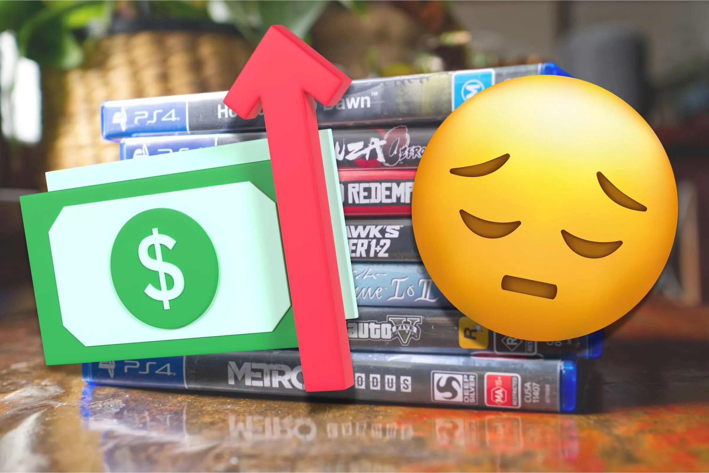 Các đĩa game PS4 xếp chồng lên nhau với biểu tượng lạm phát và khuôn mặt buồn, thể hiện sự khó khăn khi sưu tầm game vật lý cũ và giá cả tăng cao.