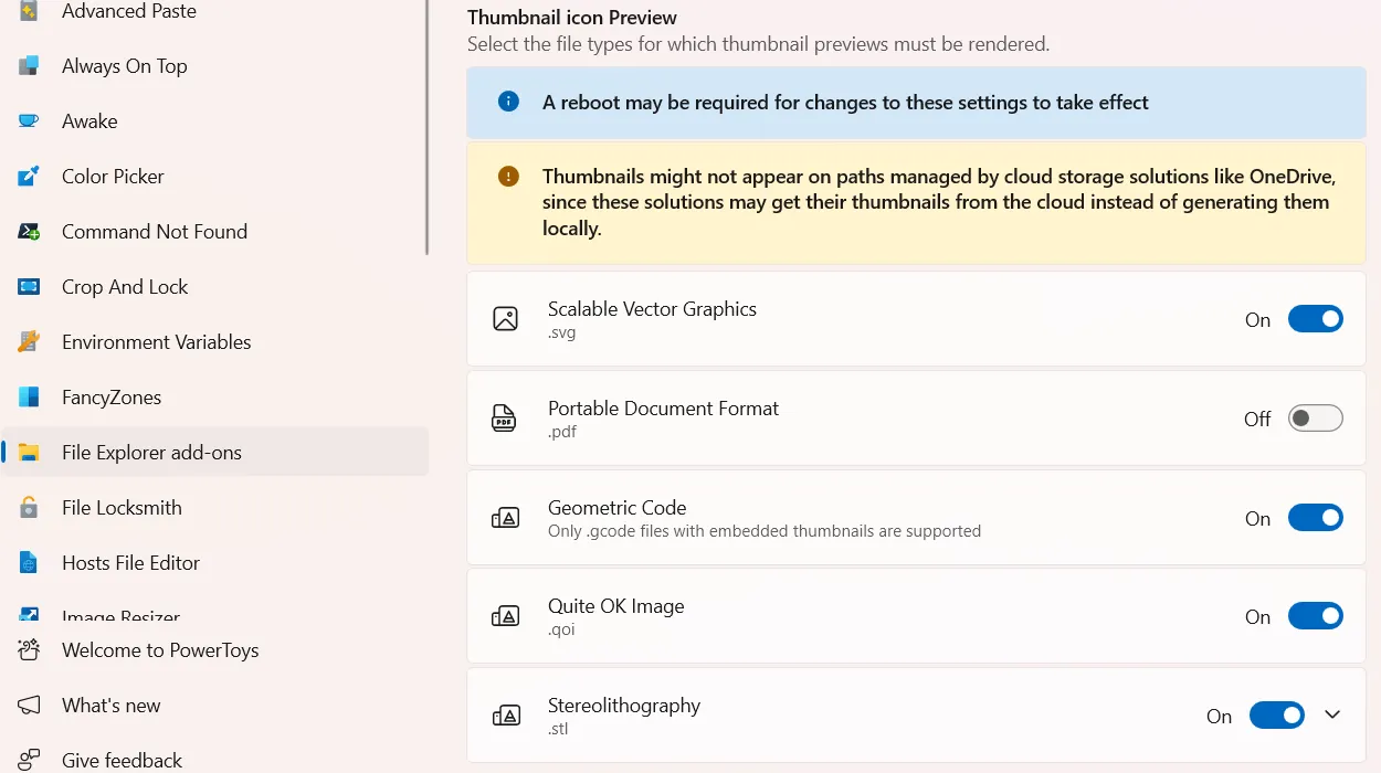 Các định dạng file SVG, PDF, G-code, STL, QOI được hỗ trợ ảnh thu nhỏ qua PowerToys