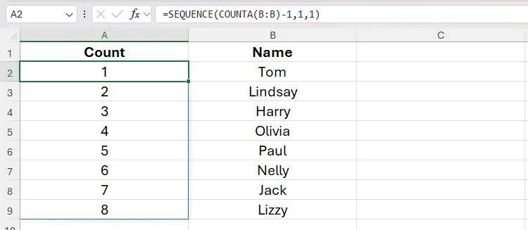 Các hàm SEQUENCE và COUNTA được sử dụng trong một tập dữ liệu không có cấu trúc trong Excel.