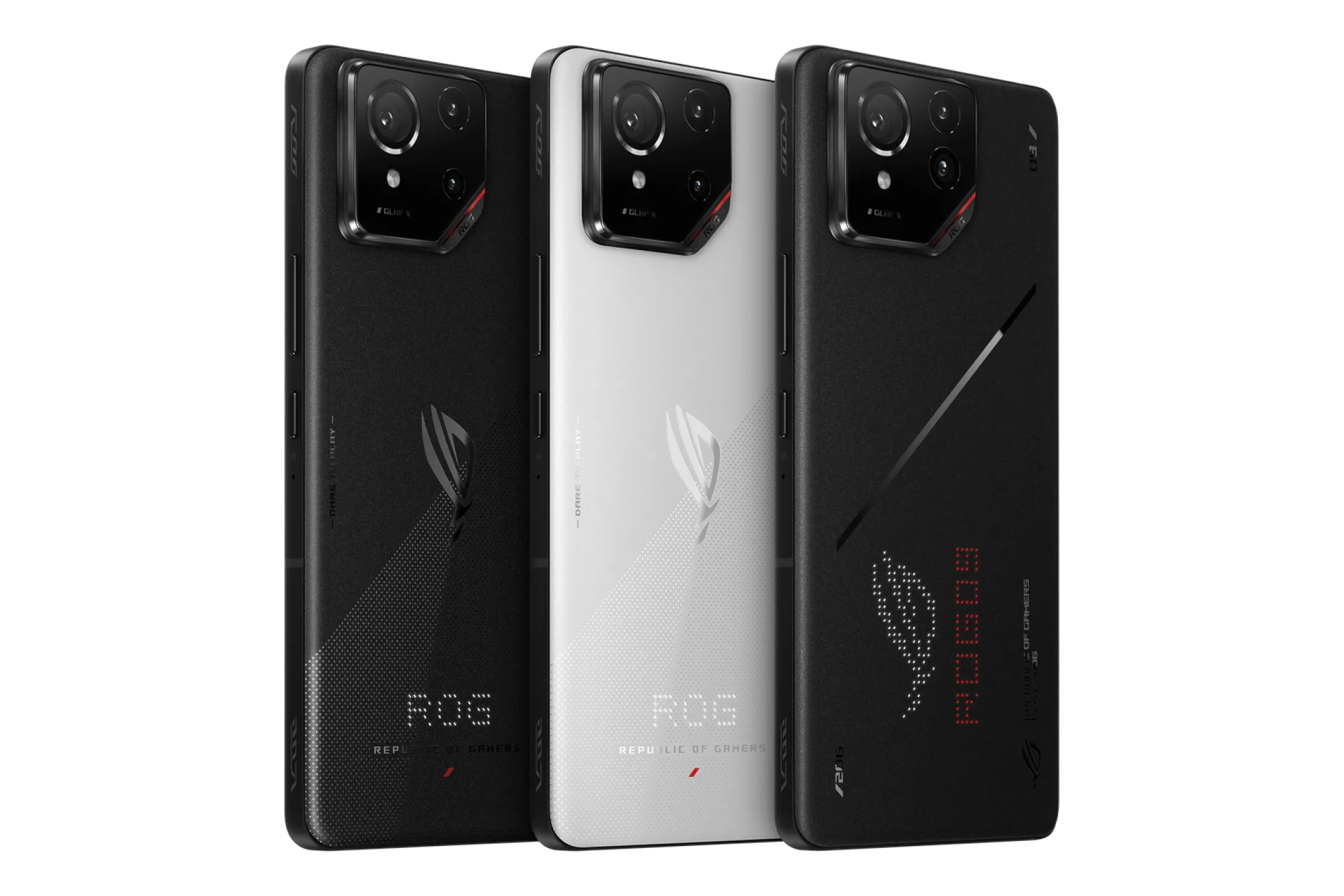 Các mặt lưng với thiết kế khác nhau của điện thoại chơi game ROG Phone 9 Pro, với logo ROG và các chi tiết đèn RGB