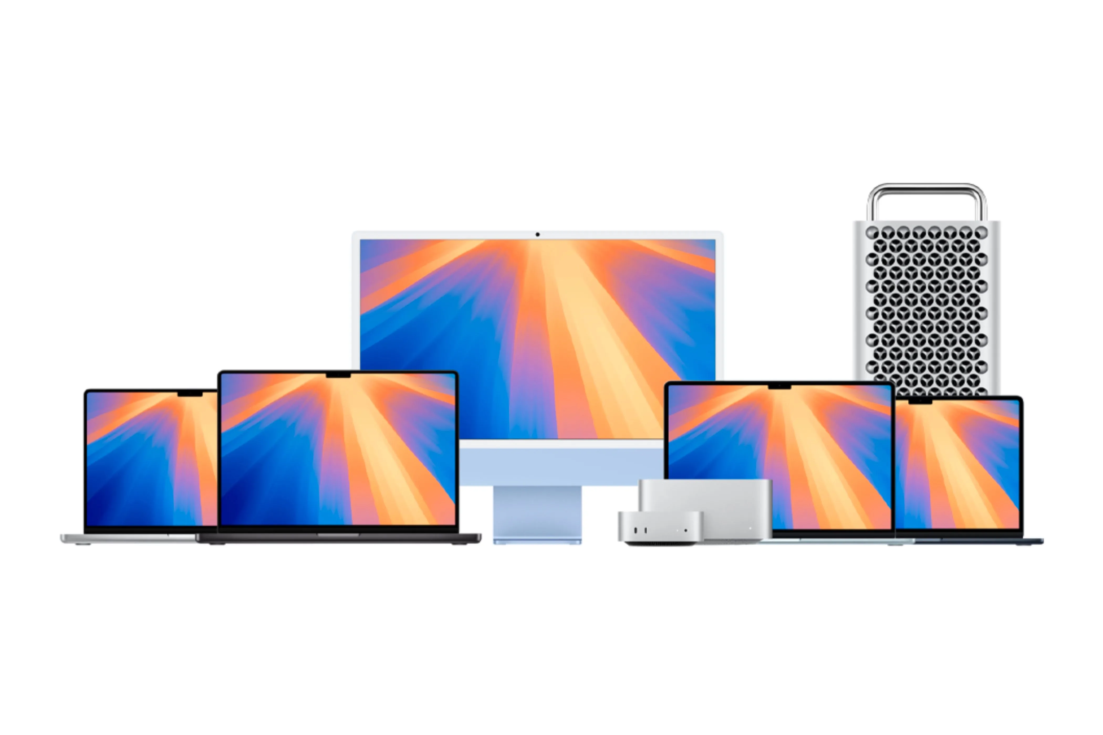 Các mẫu Mac phổ biến của Apple như MacBook Air, MacBook Pro, Mac mini, Mac Studio và iMac.