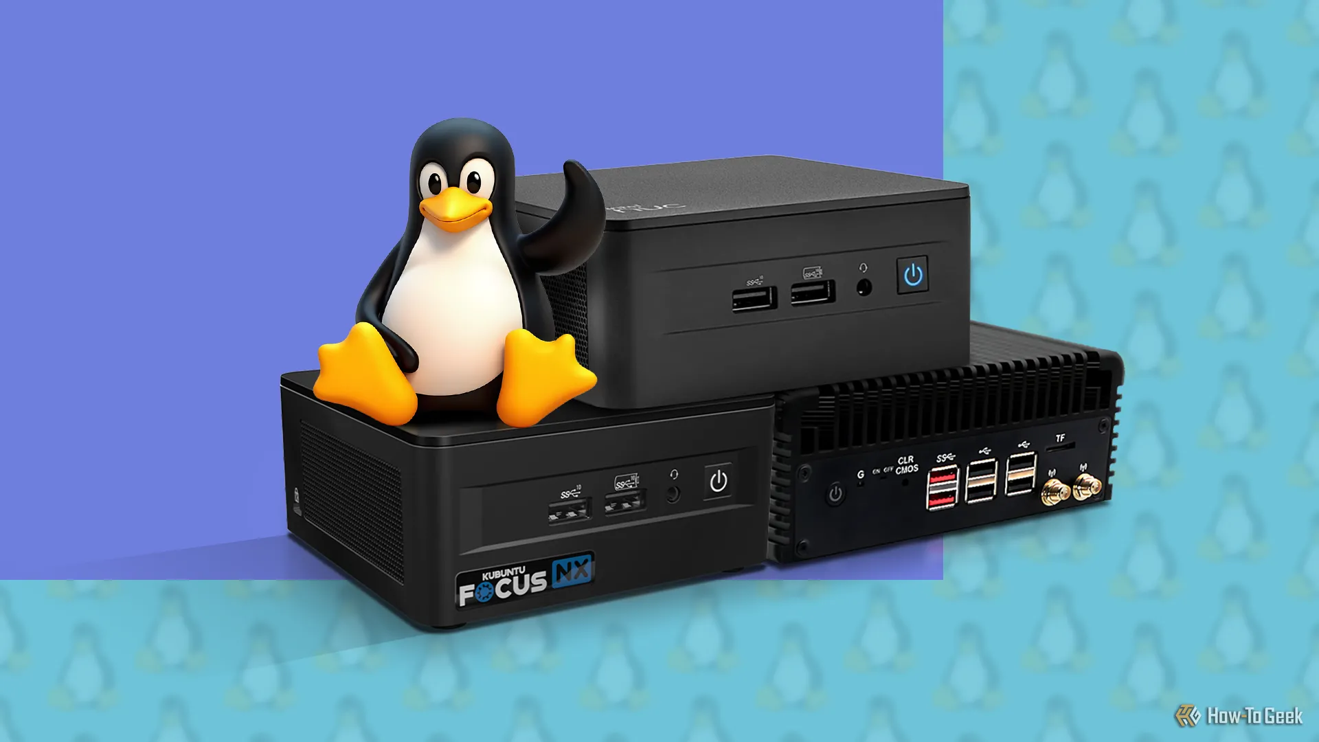 Các mẫu máy tính mini PC chạy hệ điều hành Linux với linh vật Tux biểu tượng.
