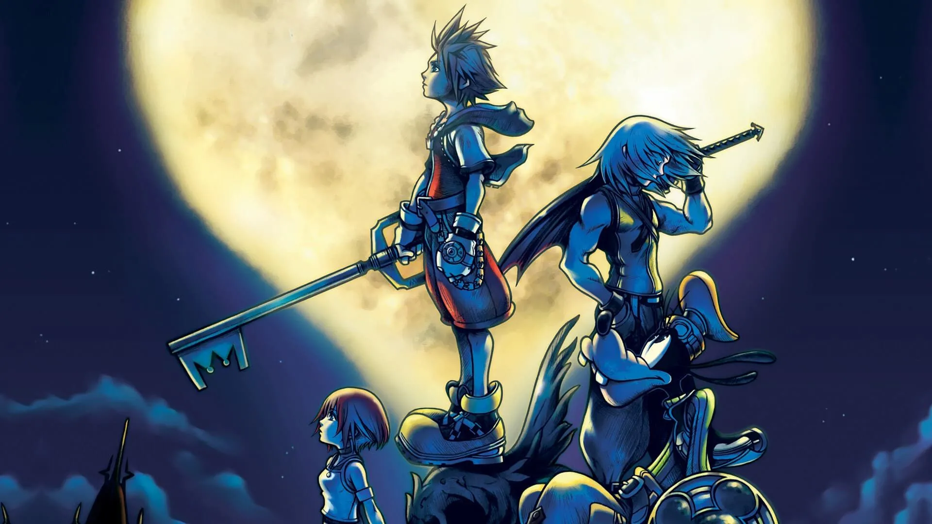 Các nhân vật chính Sora, Riku, Kairi và Goofy trên bìa game Kingdom Hearts
