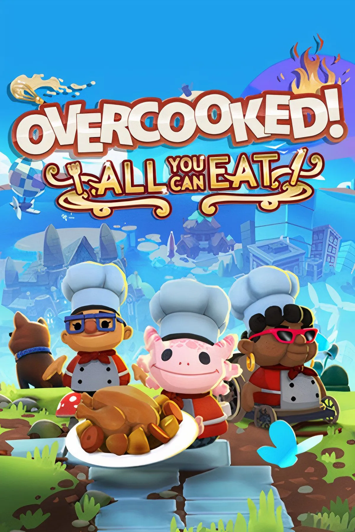 Các nhân vật đầu bếp đang bận rộn trong game Overcooked! All You Can Eat, một tựa game nấu ăn co-op đầy kịch tính và vui nhộn.