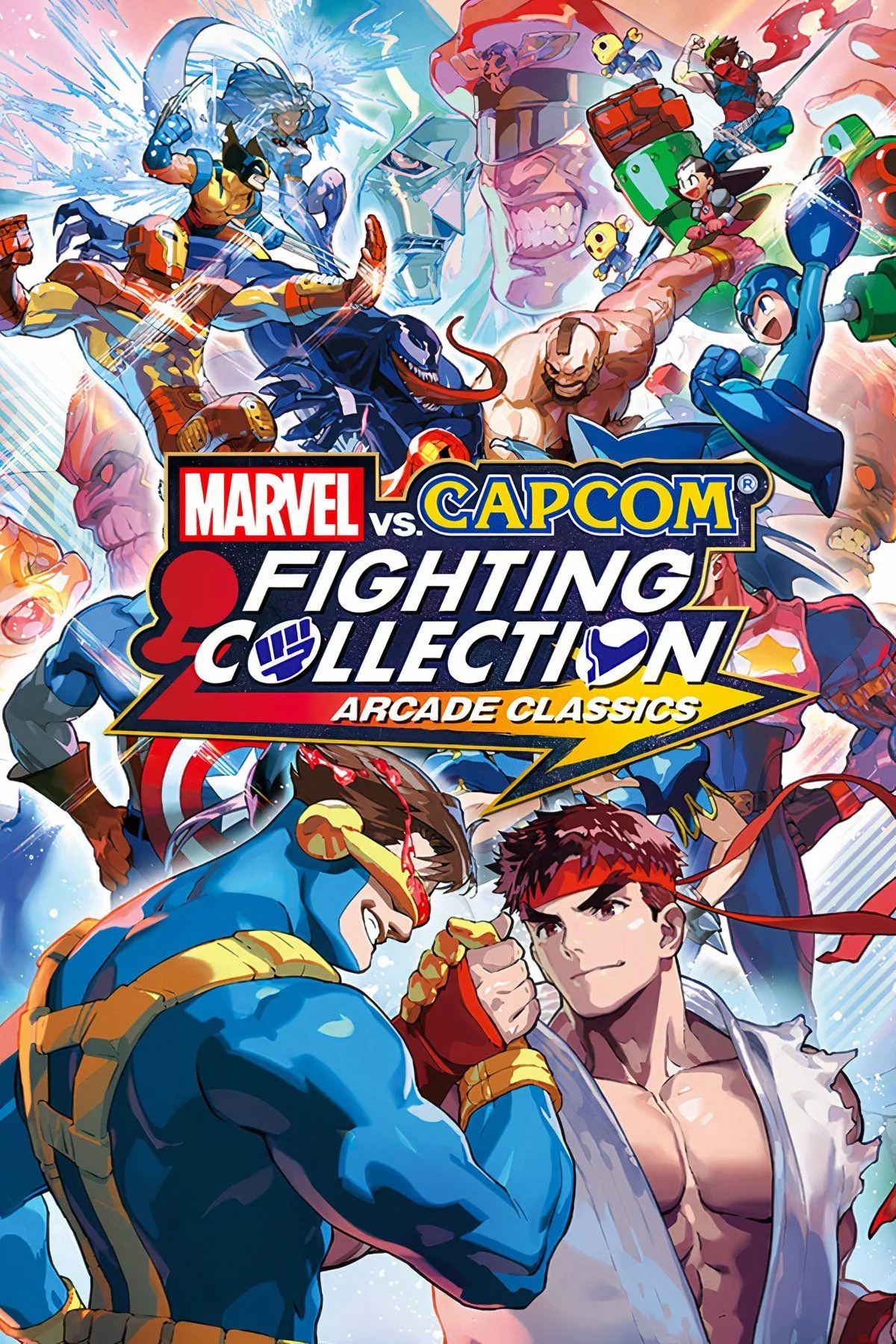 Các nhân vật game kinh điển từ Marvel Vs. Capcom Fighting Collection: Arcade Classics với phong cách đồ họa đặc trưng.