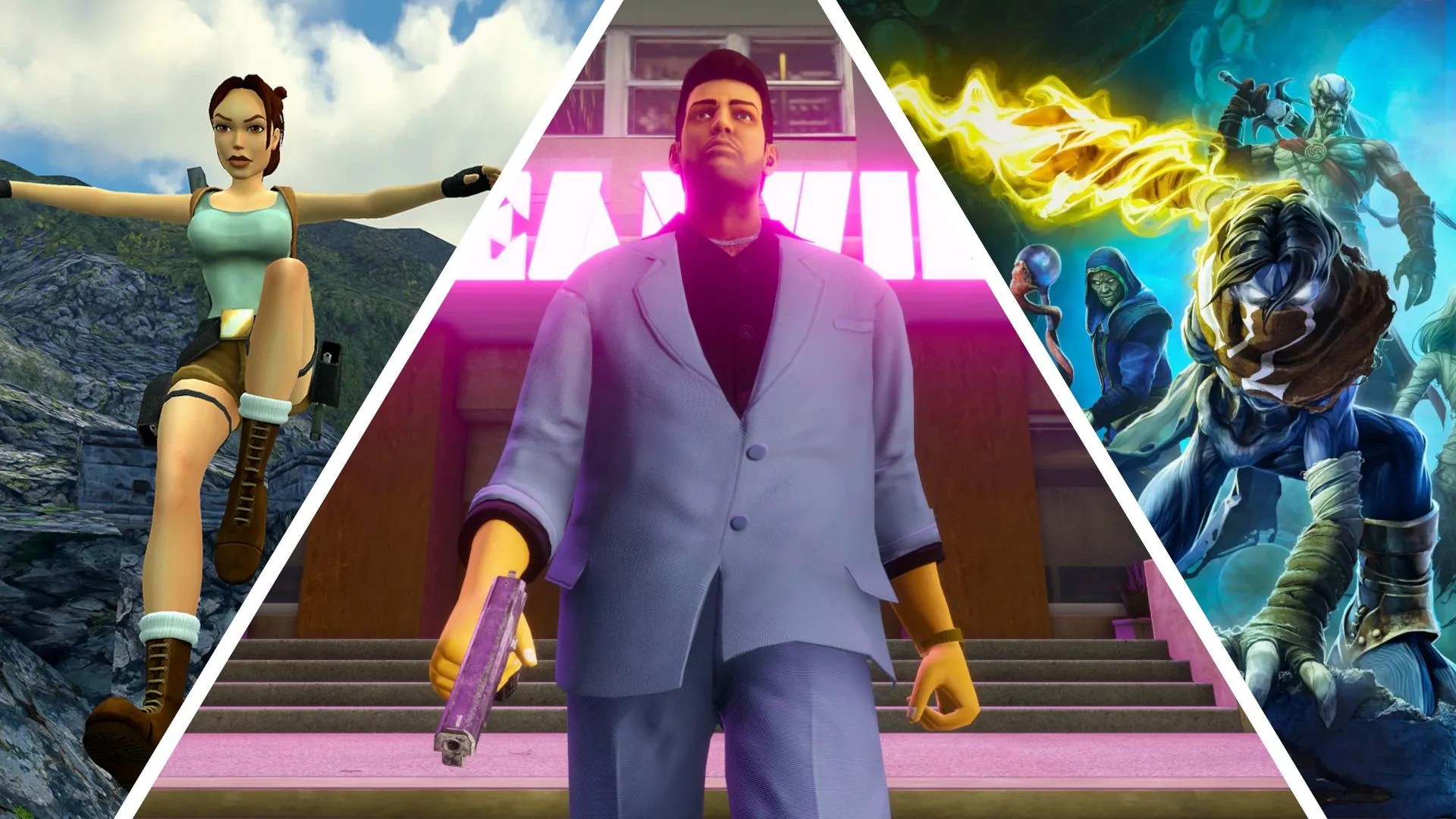 Các nhân vật game Lara Croft, Tommy Vercetti và Raziel trong một ví dụ về game được nâng cấp độ phân giải bằng AI.