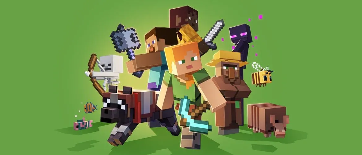 Các nhân vật Minecraft trên nền xanh lá cây, minh họa vai trò quản lý của quyền Op trong game