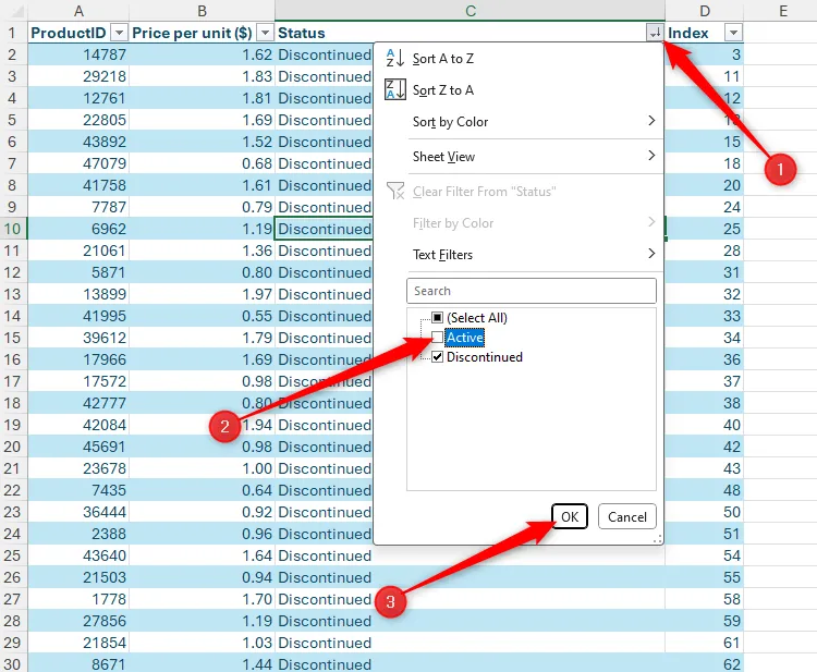 Các ô chứa từ &quot;Active&quot; được bỏ chọn trong tùy chọn lọc của một cột Excel đã sắp xếp.