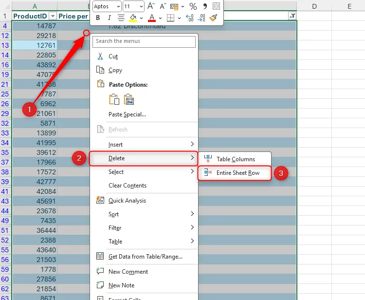Các ô trong bảng Excel đã lọc được chọn, tùy chọn &quot;Entire Sheet Row&quot; trong menu Xóa được làm nổi bật.