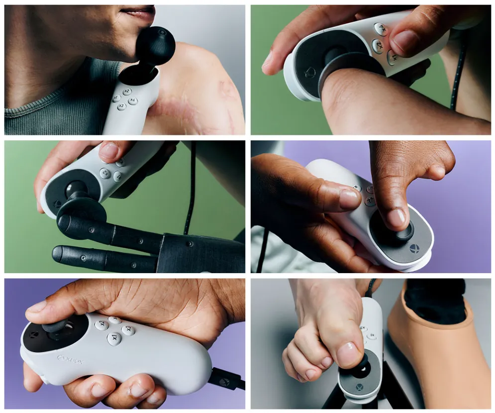 Các trường hợp sử dụng đa dạng của Xbox Adaptive Joystick, bao gồm gắn trên bàn, điều khiển bằng miệng hoặc chân, hỗ trợ game thủ khuyết tật