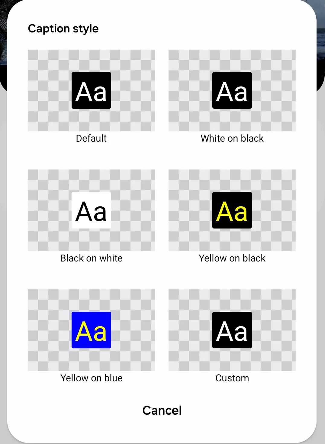Các tùy chọn kiểu phụ đề được hiển thị trong cài đặt Live Captions trên Samsung Galaxy.