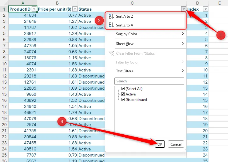 Các tùy chọn sắp xếp trong menu lọc cột Status trong Excel.