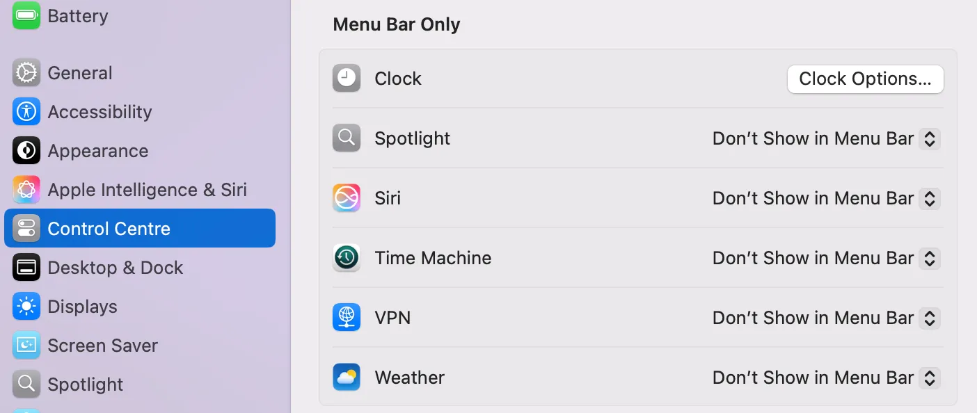 Các tùy chọn thanh menu trong cài đặt macOS để tùy chỉnh hiển thị