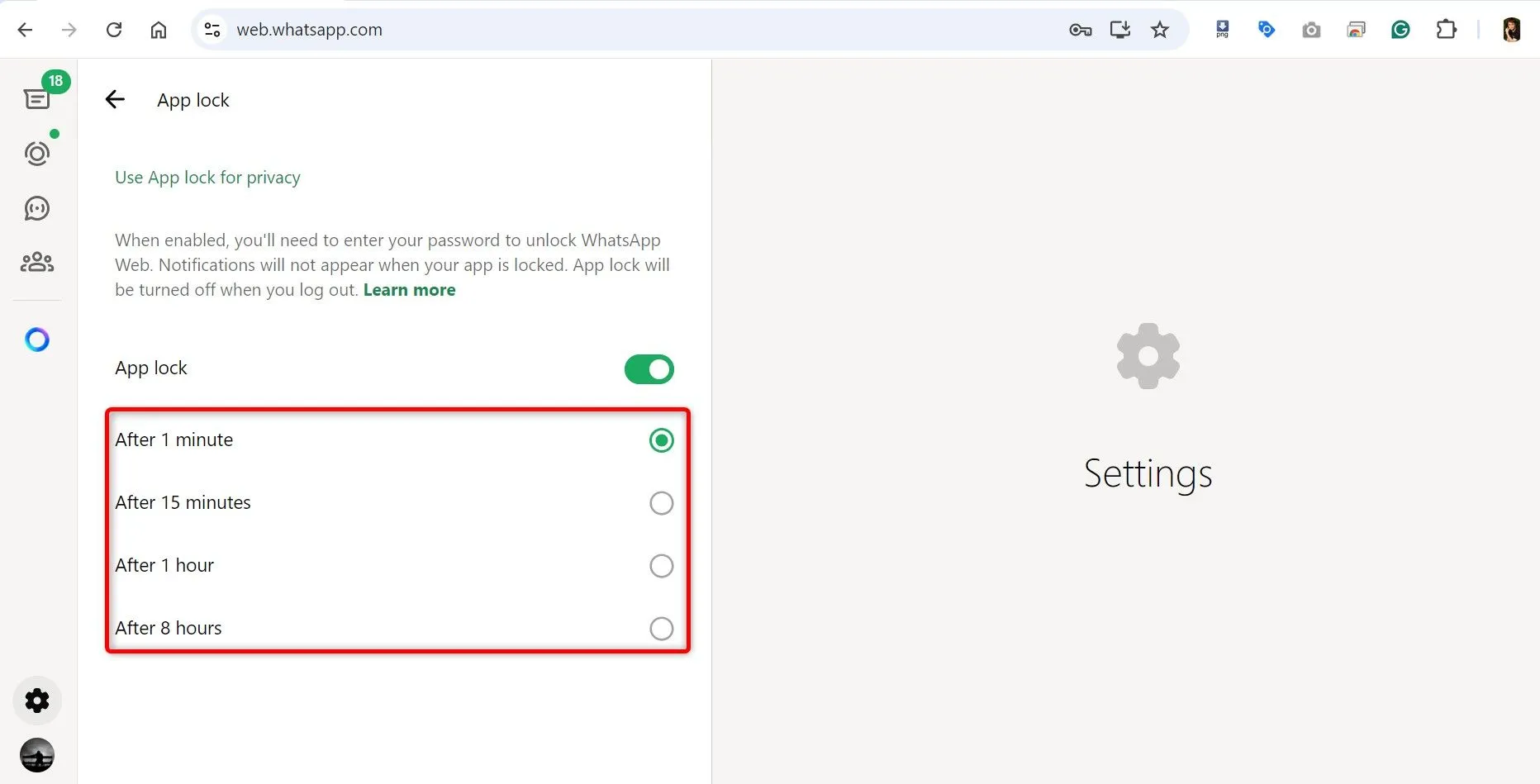 Các tùy chọn thời gian khóa tự động cho WhatsApp Web giúp tăng cường bảo mật