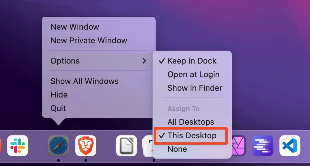 Cách gán một ứng dụng vào một Space cụ thể trên macOS thông qua menu Dock