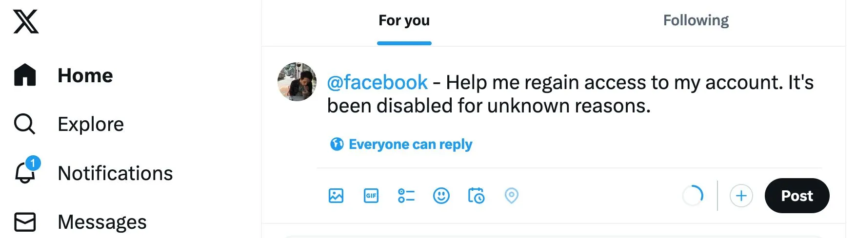 Cách gắn thẻ tài khoản Facebook trong một bài đăng trên X (Twitter) để tìm hỗ trợ.
