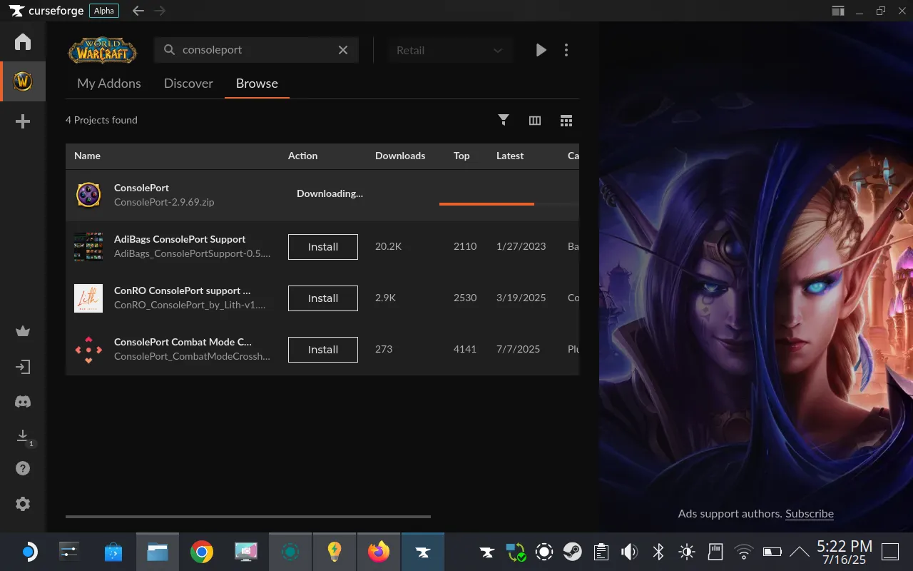 Cài đặt addon ConsolePort cho World of Warcraft qua CurseForge