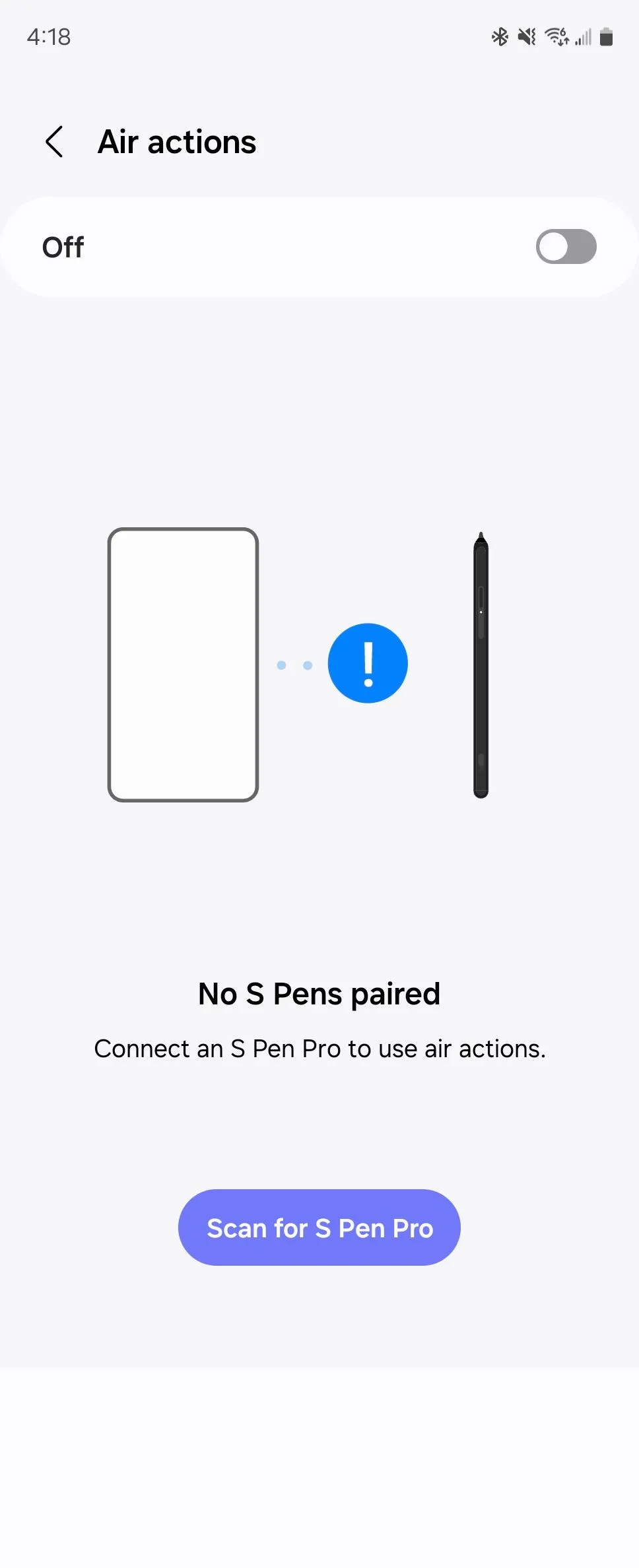 Cài đặt Air Actions của S Pen bị vô hiệu hóa trên Galaxy Z Fold 6, cho thấy sự khác biệt tính năng giữa các dòng.