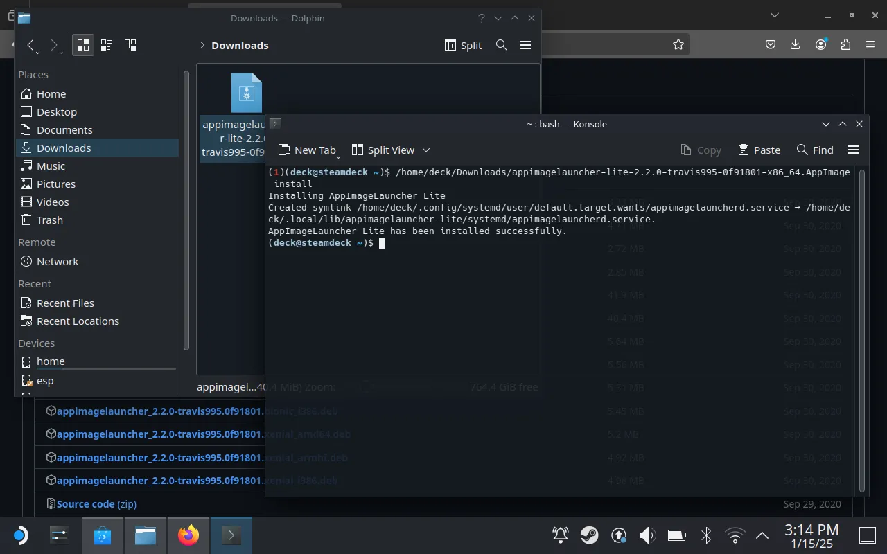 Cài đặt AppImageLauncher thành công trên Steam Deck bằng Konsole