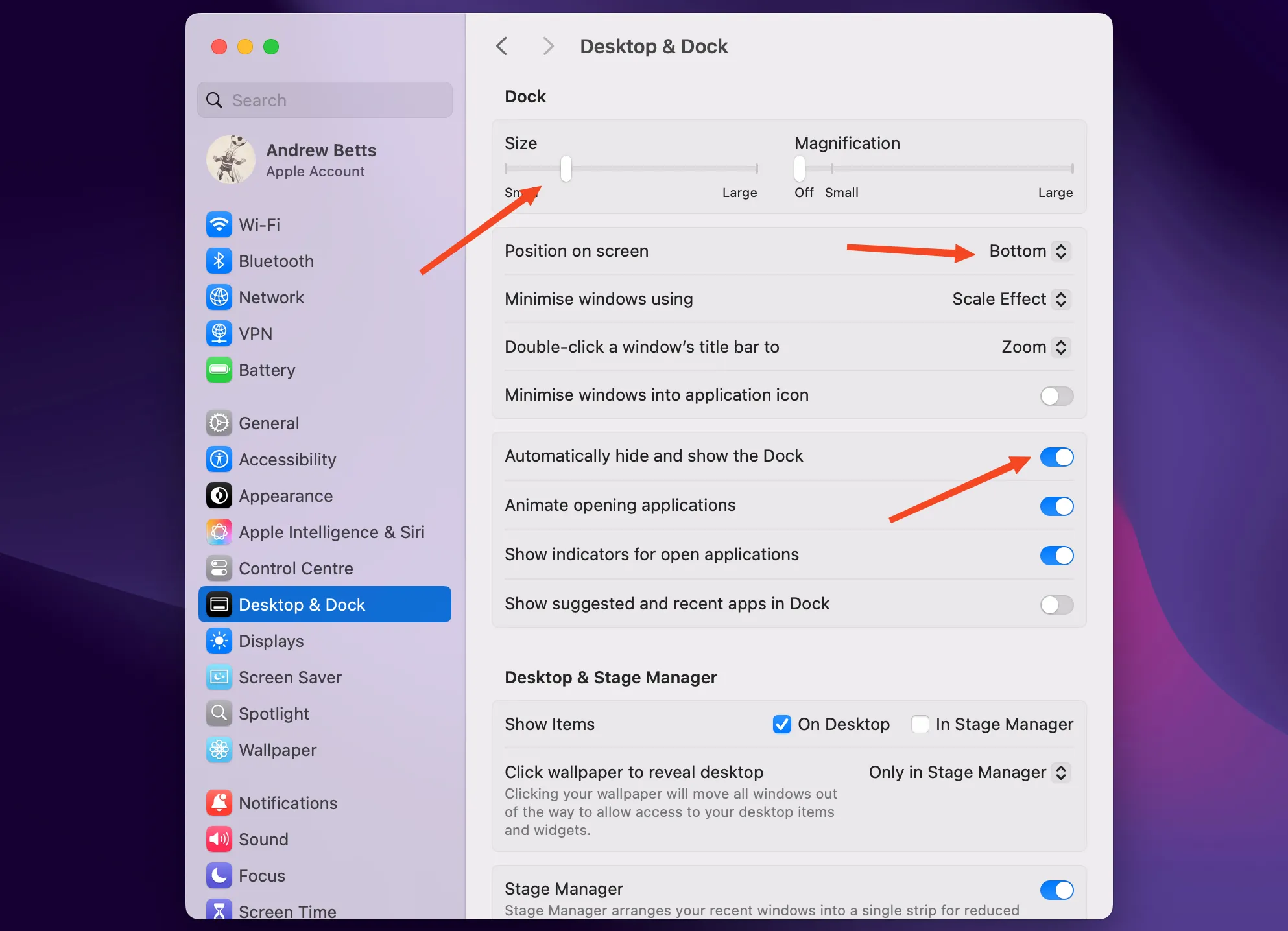 Cài đặt Dock trong macOS, hiển thị các tùy chọn ẩn Dock tự động và điều chỉnh kích thước