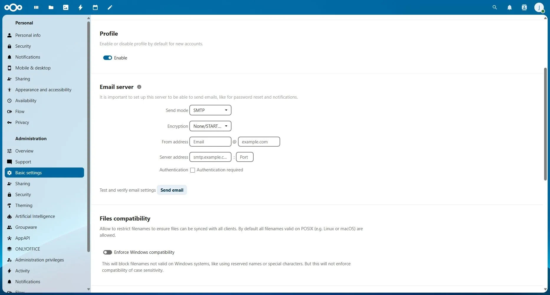 Cài đặt email trong Nextcloud, cho phép người dùng tùy chỉnh cấu hình máy chủ thư cá nhân.