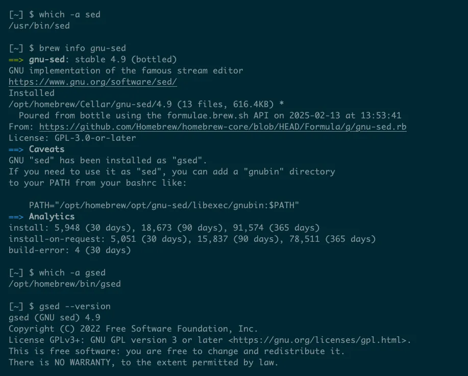 Cài đặt gsed (phiên bản GNU của sed) bằng Homebrew và kiểm tra đường dẫn cài đặt trên macOS