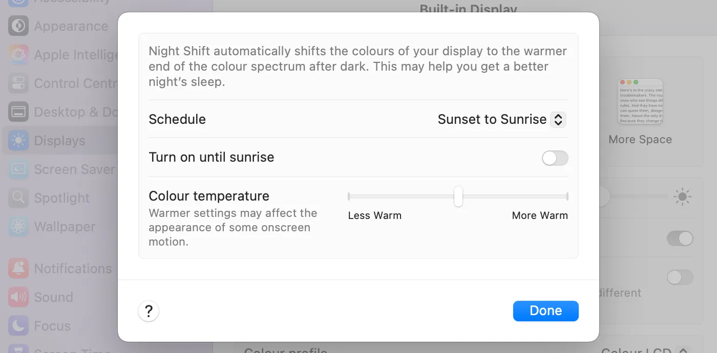Cài đặt Night Shift trong macOS, cho phép tự động điều chỉnh ánh sáng màn hình