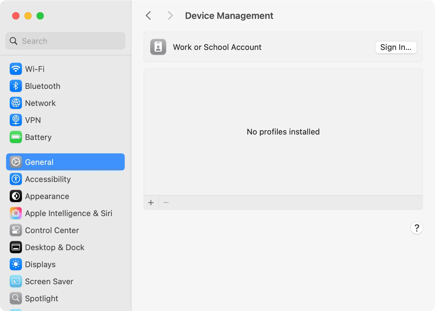 Cài đặt Quản lý thiết bị (Device Management) trên macOS, hiển thị không có hồ sơ MDM nào được cài đặt