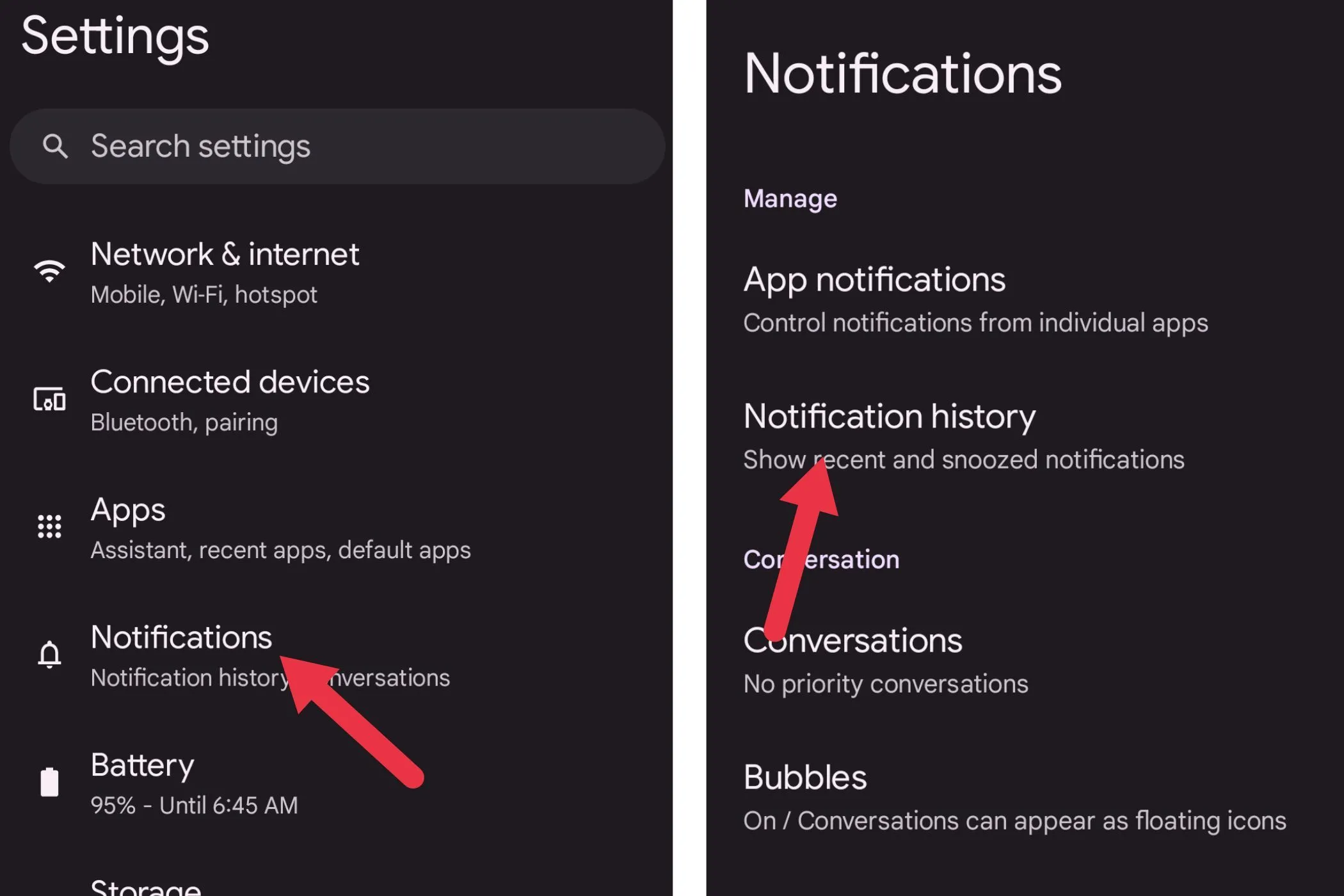 Cài đặt thông báo trên Android, với mục Lịch sử thông báo