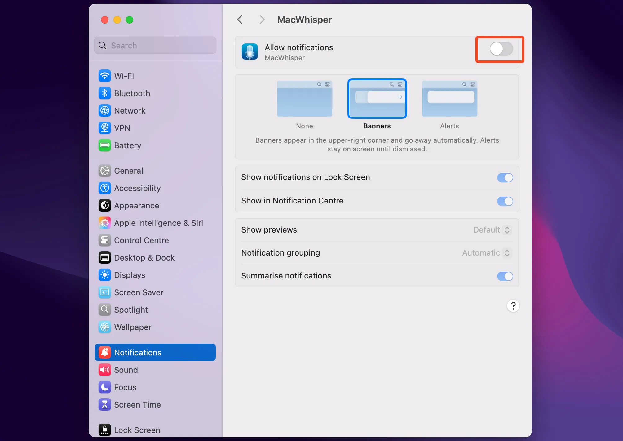 Cài đặt thông báo trong macOS, cho phép tùy chỉnh hoặc tắt thông báo cho từng ứng dụng