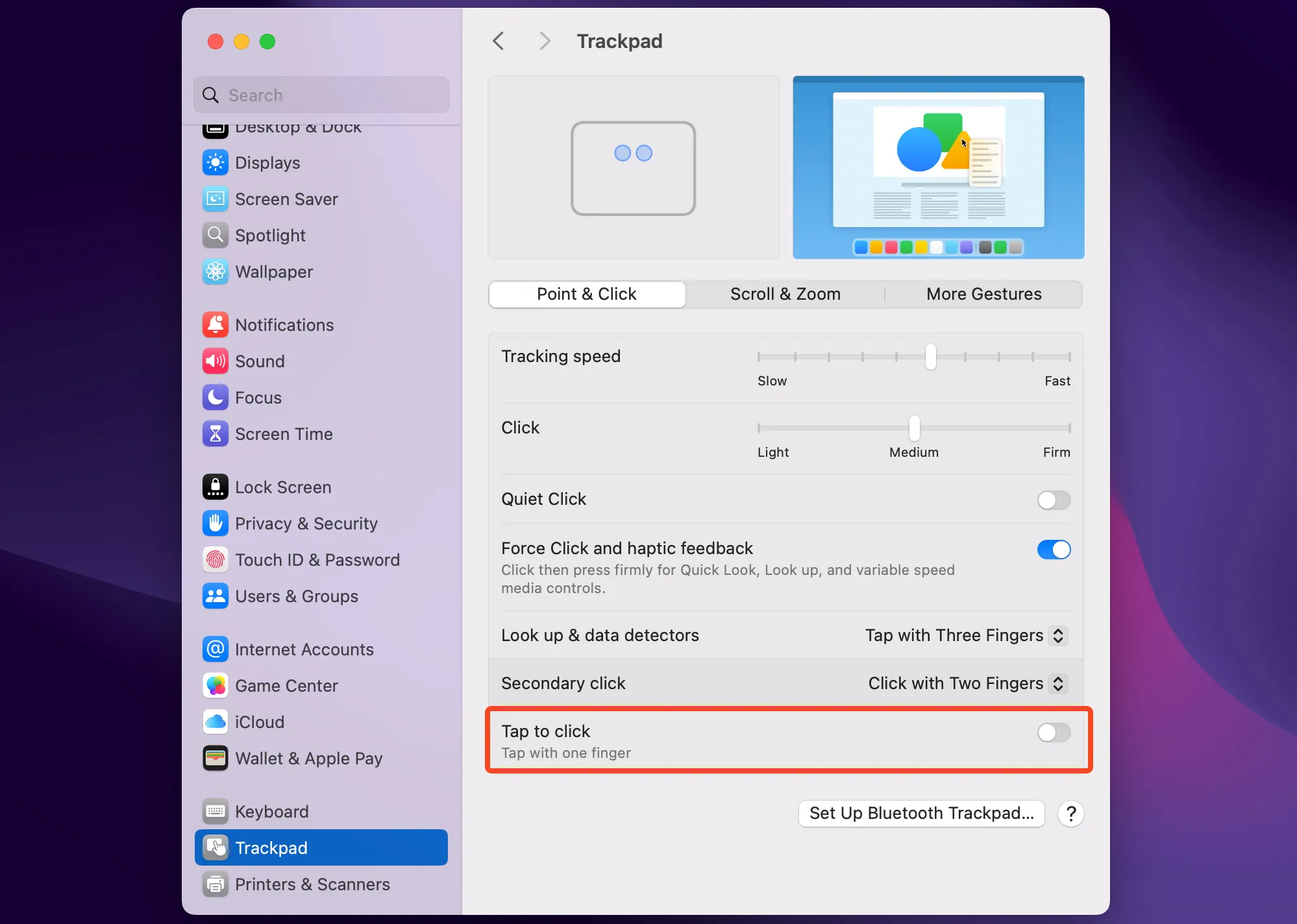 Cài đặt Trackpad trong macOS, hiển thị các tùy chọn cử chỉ