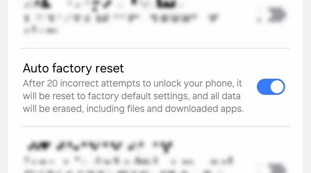 Cài đặt tùy chọn Tự động đặt lại cài đặt gốc của Samsung trong menu bảo mật màn hình khóa