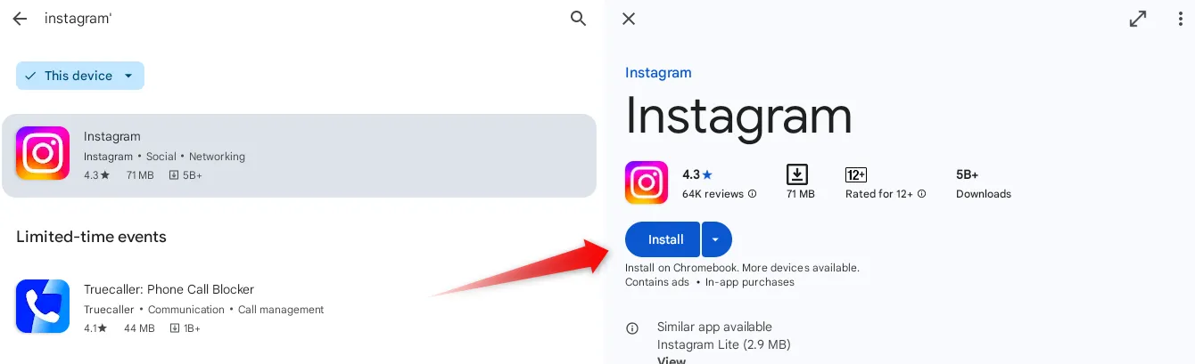 Cài đặt ứng dụng Instagram từ Google Play Store trên Chromebook.