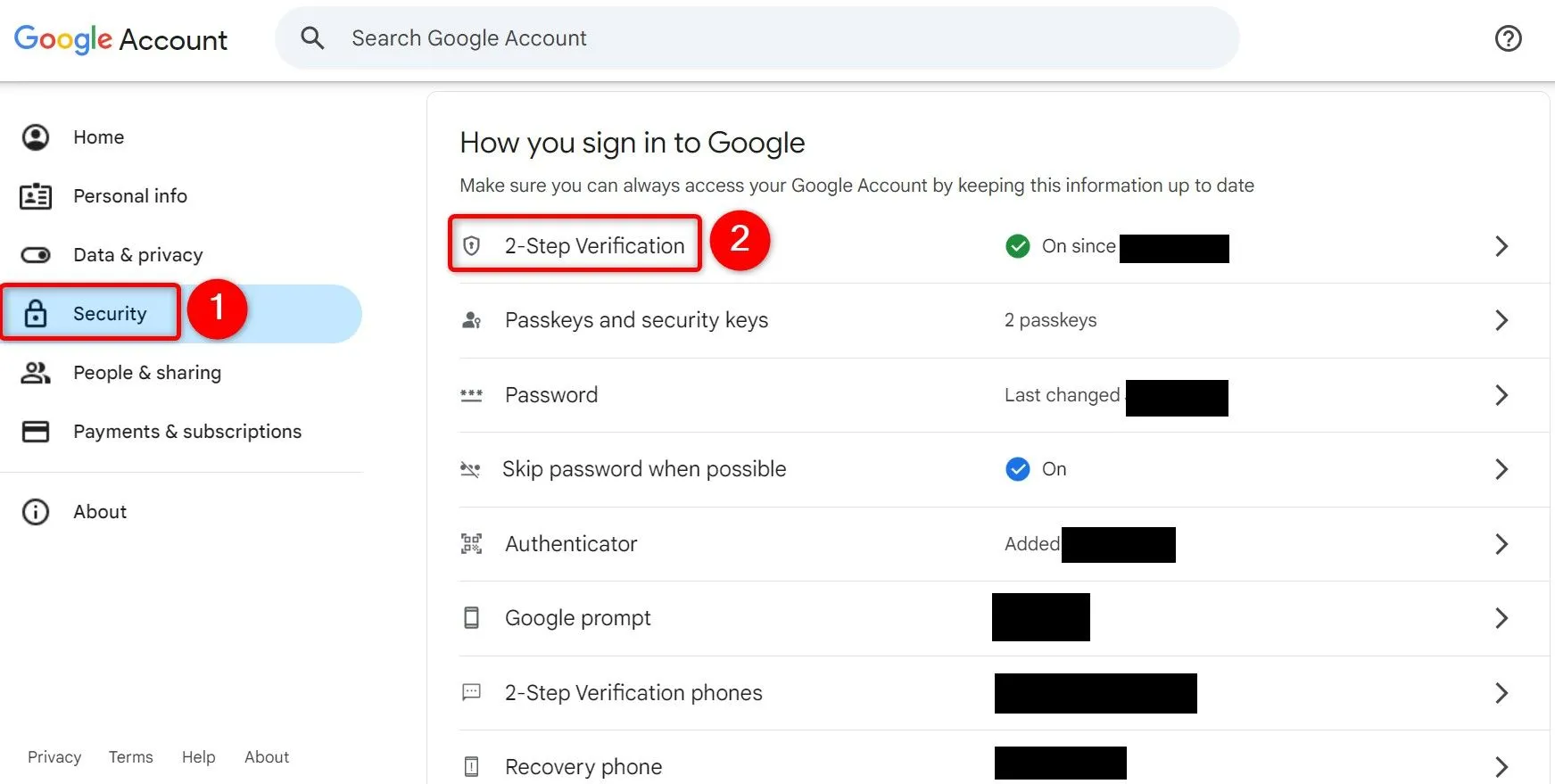 Cài đặt xác minh 2 bước của tài khoản Google