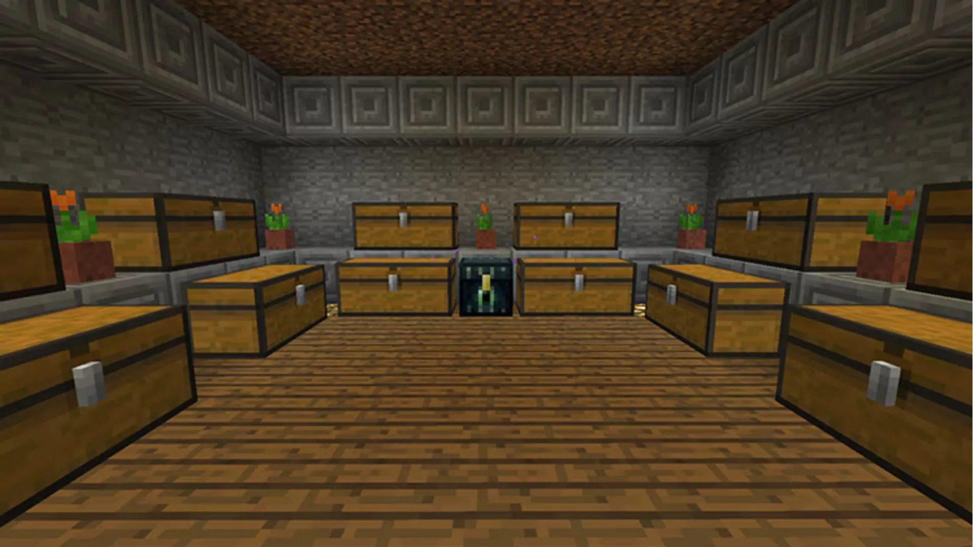 Căn phòng đầy rương trong thế giới game Minecraft, minh họa cho cơ chế tạo nội dung ngẫu nhiên