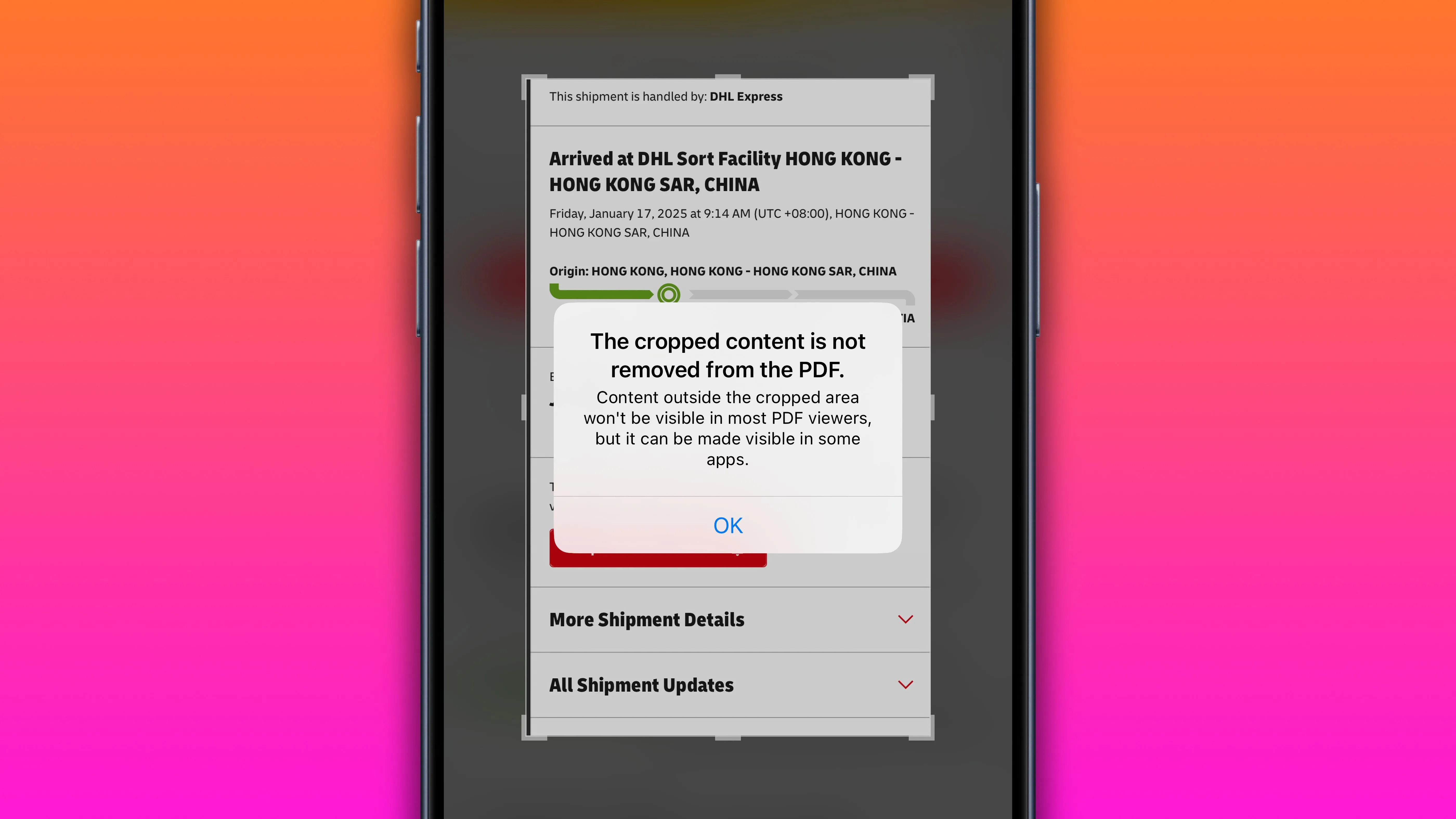 Cảnh báo quyền riêng tư về nội dung cắt khi chỉnh sửa PDF trong công cụ Ảnh chụp màn hình iOS 18.3.